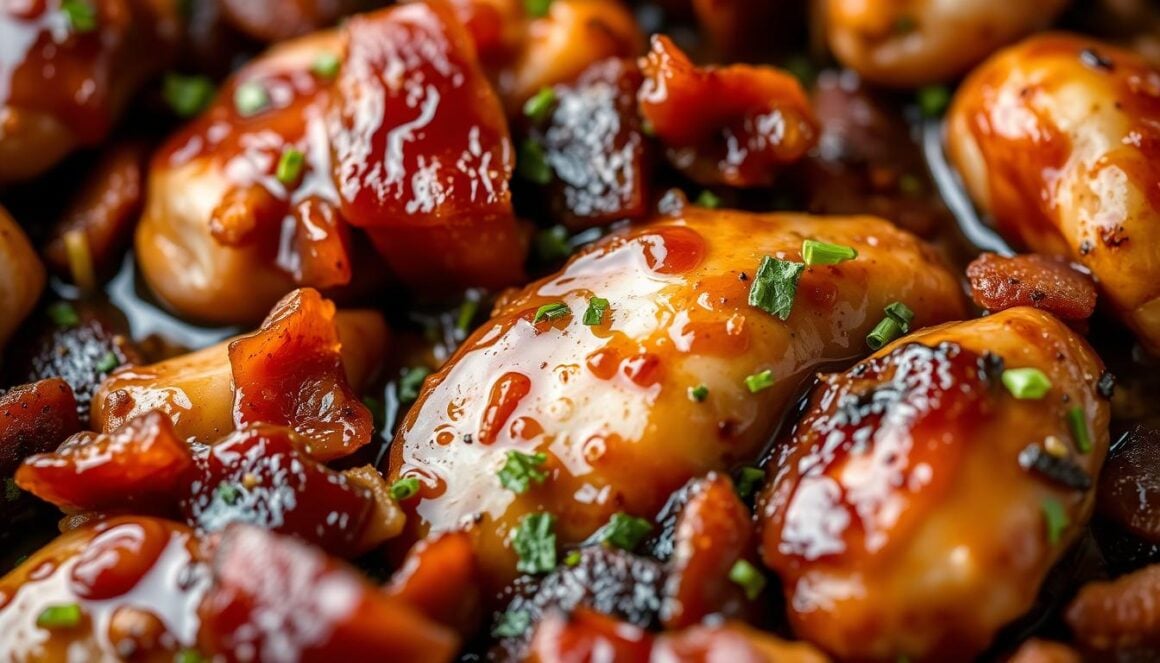 Close-up of maple garlic bacon chicken showing caramelized glaze