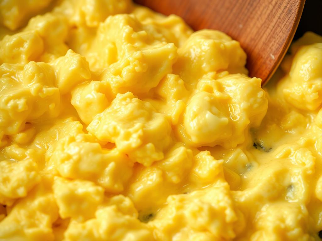 Close-up of perfectly scrambled eggs for breakfast tacos