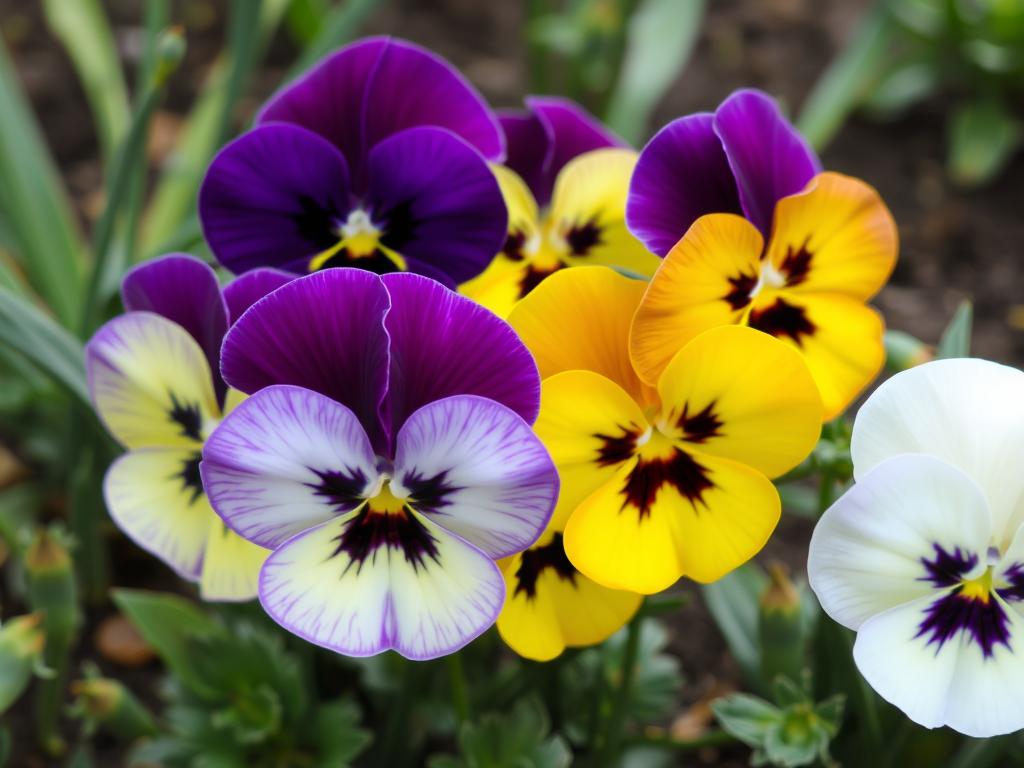 Colorful pansies with face-like markings in purple, yellow and white growing in a garden Colorful pansies with face-like markings in purple, yellow and white growing in a garden