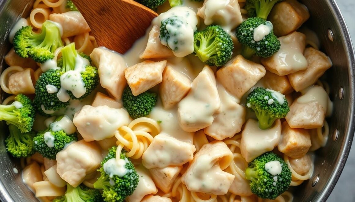 Combining pasta, broccoli, chicken and alfredo sauce in a large skillet