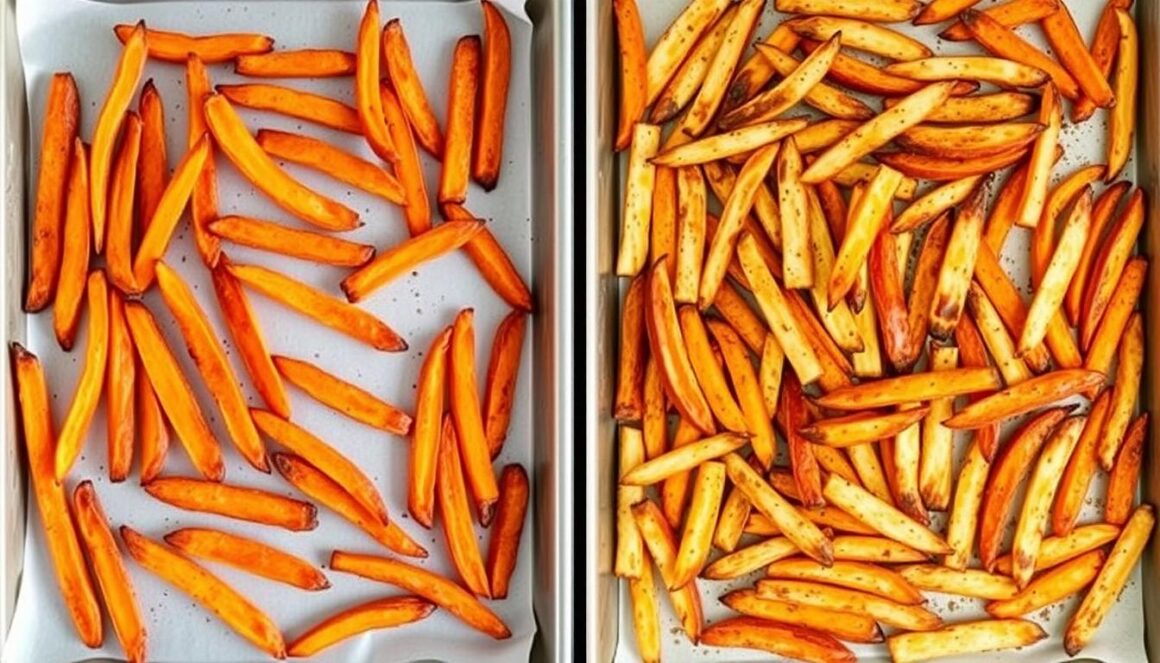 Comparison of crispy vs soggy sweet potato fries showing proper technique