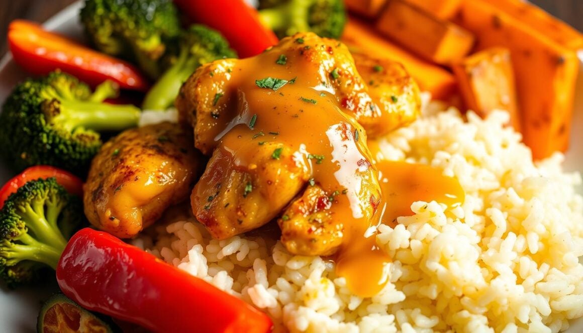 Cowboy butter chicken bites served with roasted vegetables and rice