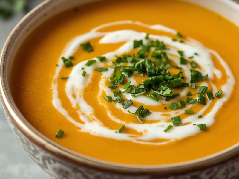 Creamy butternut squash soup garnished with cream and herbs Creamy butternut squash soup garnished with cream and herbs