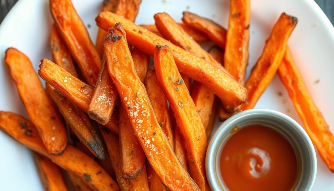 Crispy sweet potato fries on a serving plate with dipping sauce