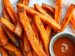 Crispy sweet potato fries on a serving plate with dipping sauce