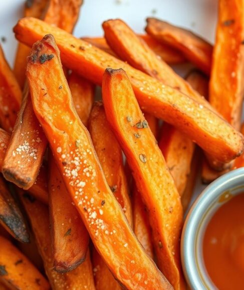 Crispy sweet potato fries on a serving plate with dipping sauce