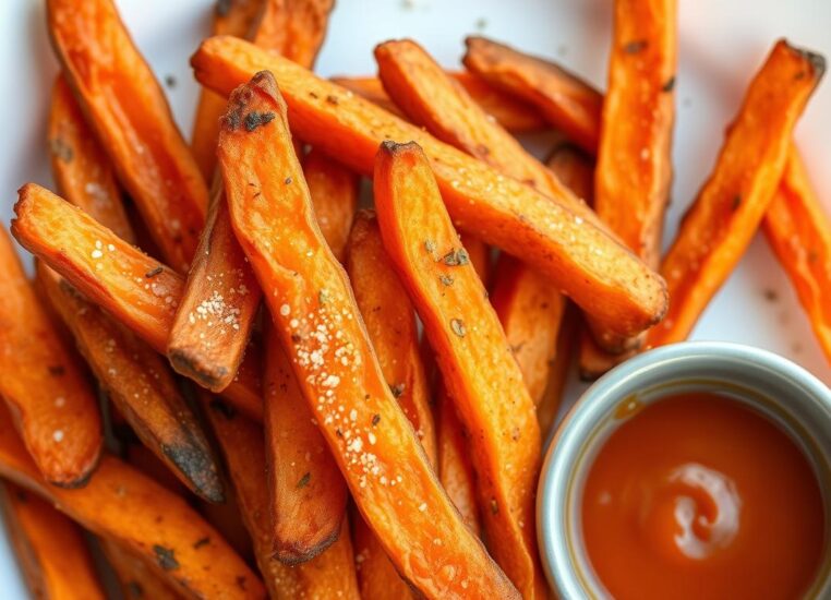 Crispy sweet potato fries on a serving plate with dipping sauce