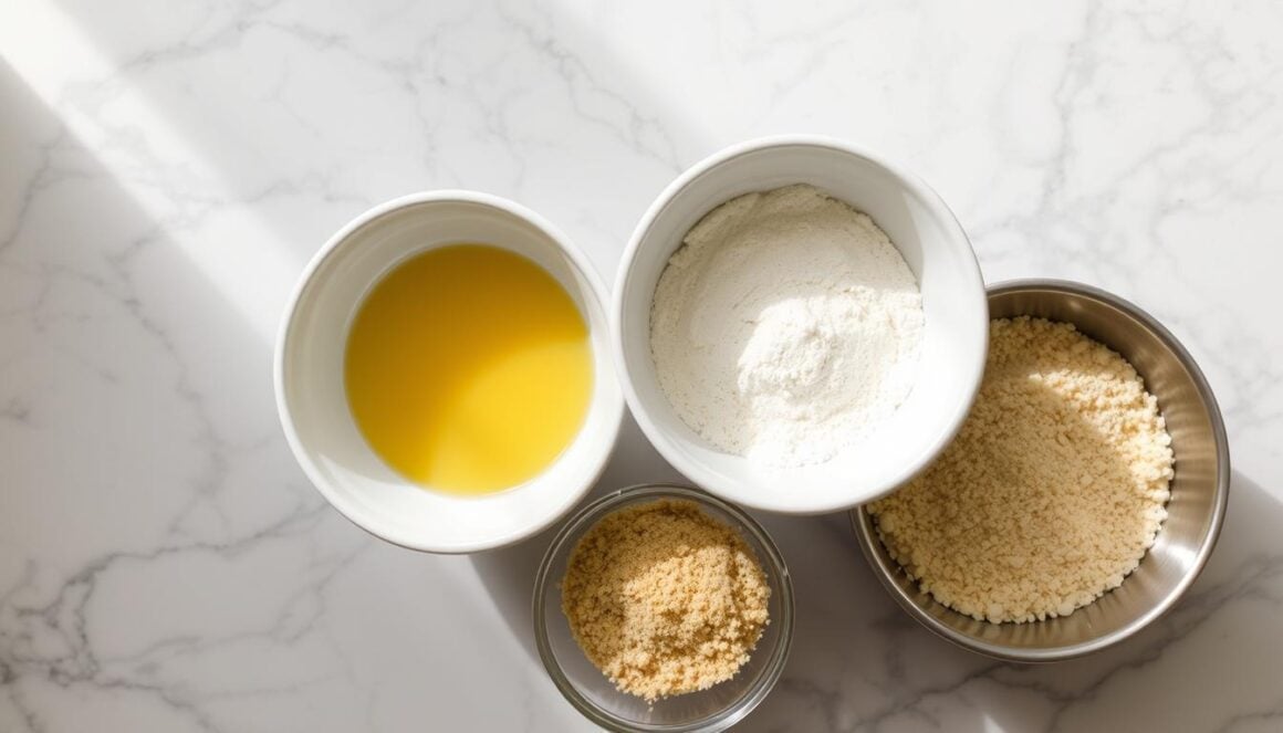 Dredging station setup with three bowls containing flour, beaten eggs, and seasoned breadcrumbs