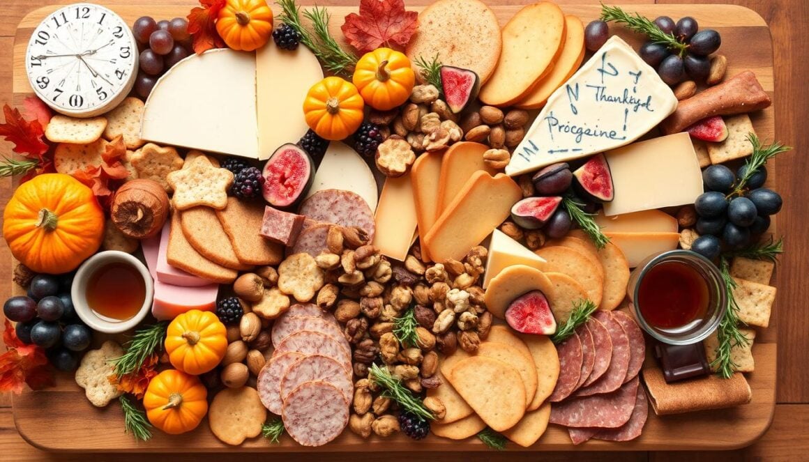Festive Thanksgiving cheese board with seasonal elements Festive Thanksgiving cheese board with seasonal elements