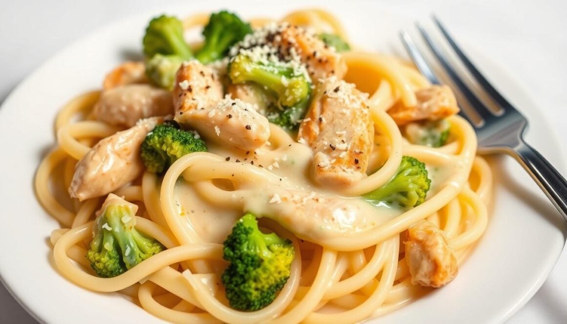 Final chicken broccoli alfredo dish served on a plate with extra parmesan on top