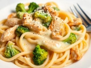 Final chicken broccoli alfredo dish served on a plate with extra parmesan on top