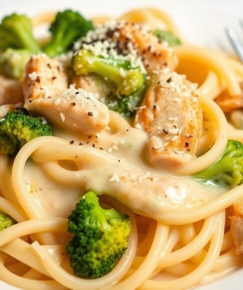 Final chicken broccoli alfredo dish served on a plate with extra parmesan on top