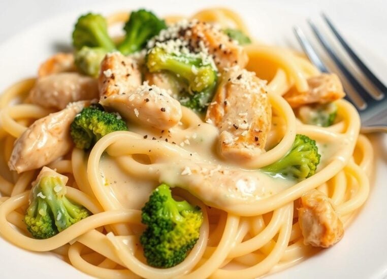 Final chicken broccoli alfredo dish served on a plate with extra parmesan on top