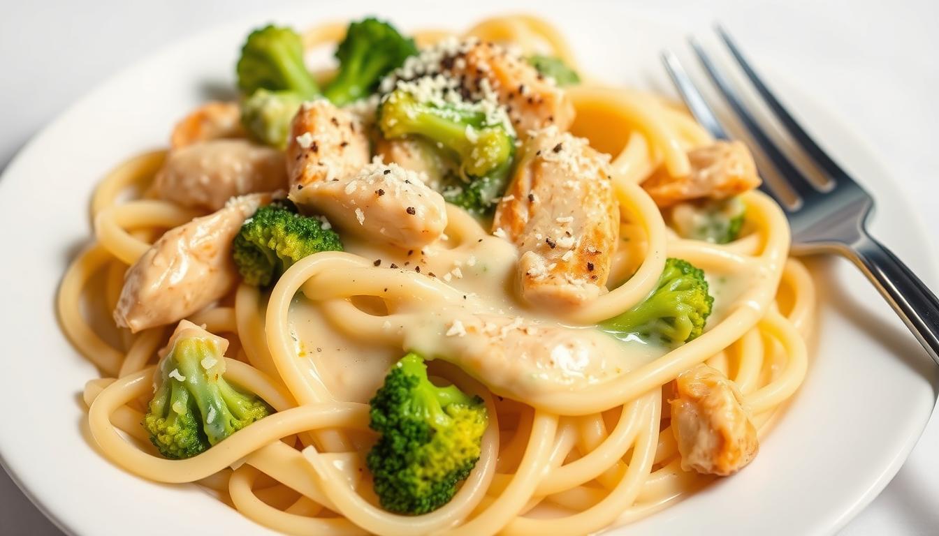 Final chicken broccoli alfredo dish served on a plate with extra parmesan on top