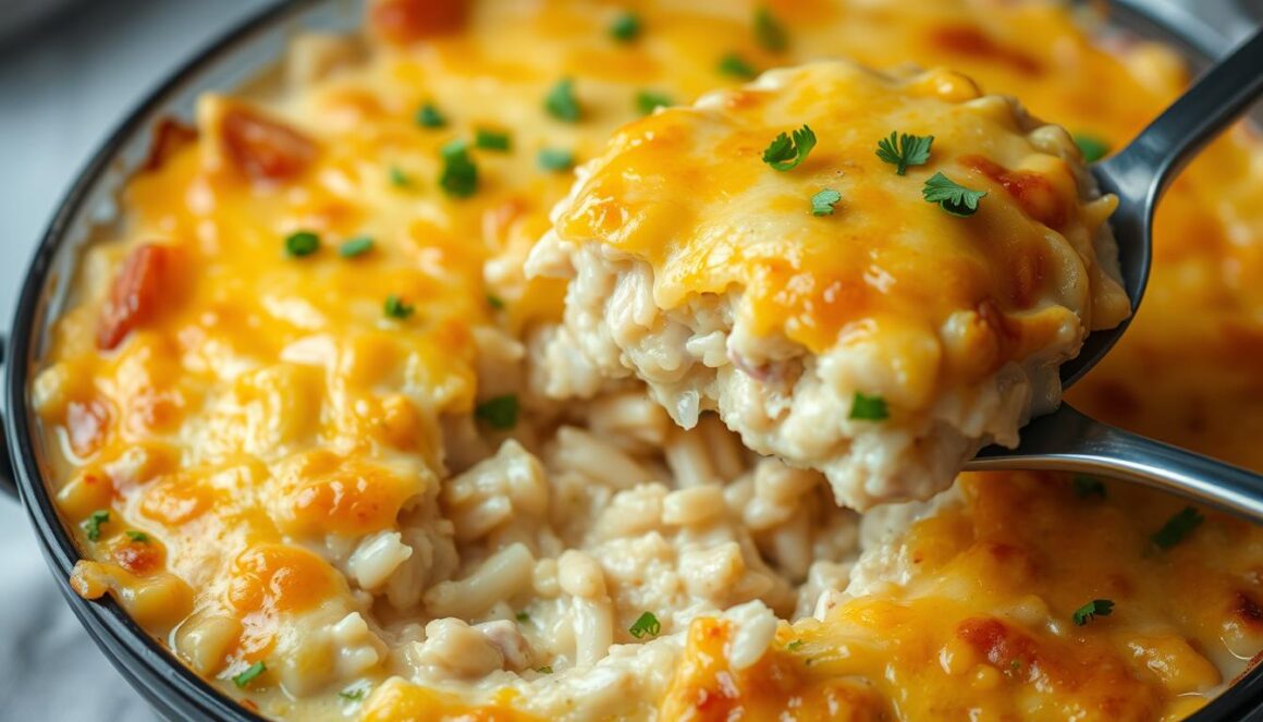 Finished Chicken and Rice Casserole being served with a spatula