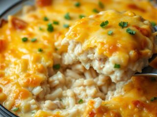Finished Chicken and Rice Casserole being served with a spatula
