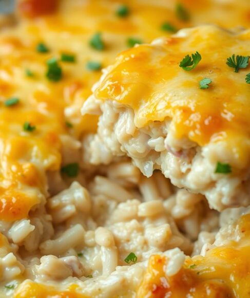 Finished Chicken and Rice Casserole being served with a spatula