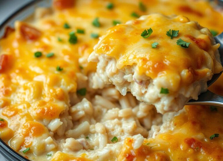 Finished Chicken and Rice Casserole being served with a spatula