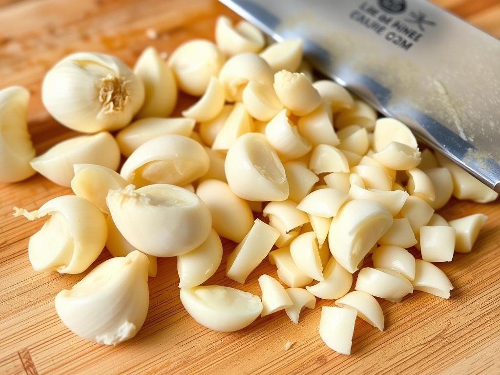 Fresh garlic cloves being minced with a knife on a cutting board
