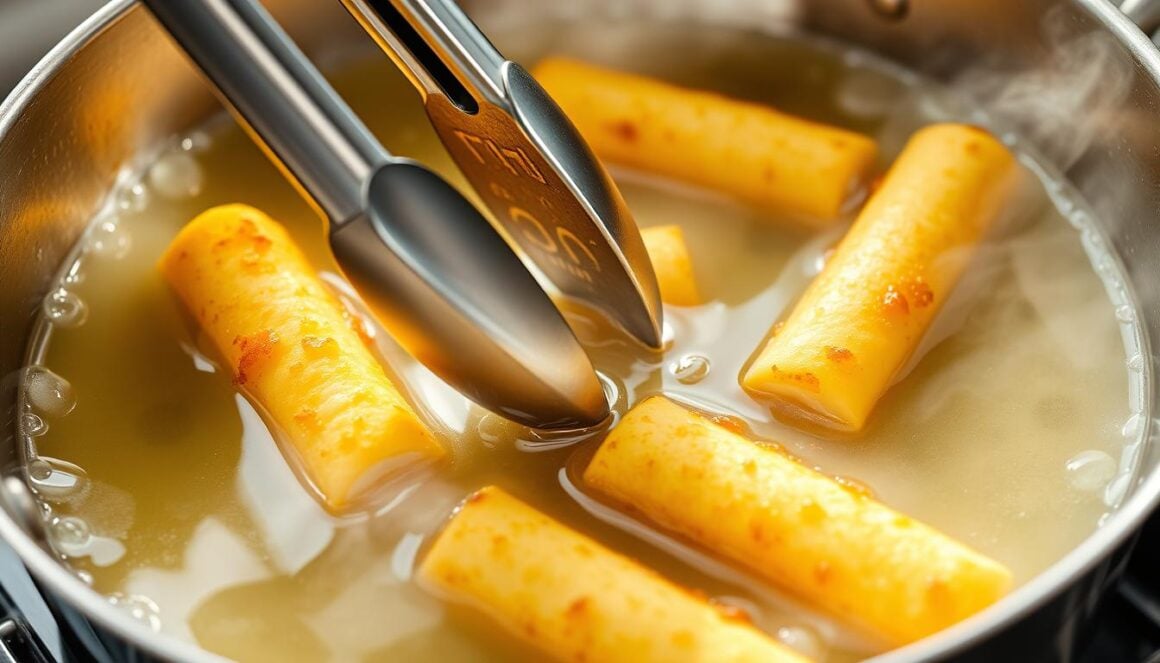 Frying mozzarella sticks in hot oil, showing golden brown color development