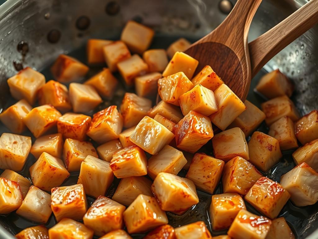 Golden brown chicken cubes being cooked in a skillet
