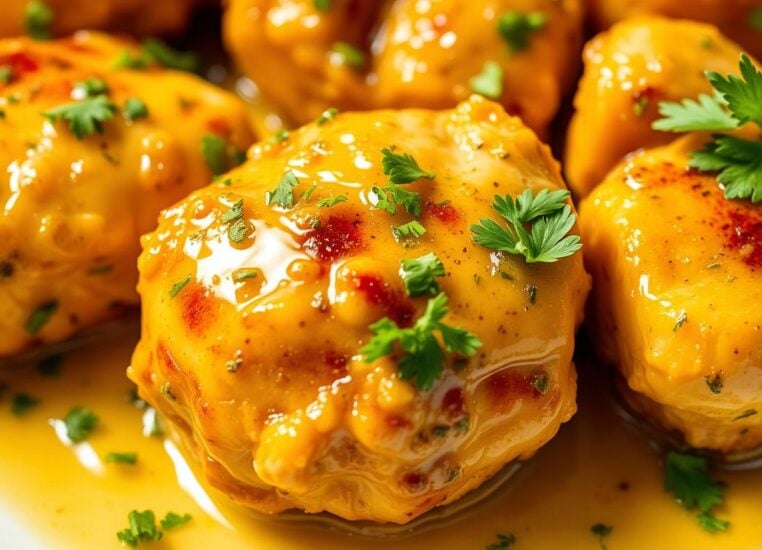 Golden brown cowboy butter chicken bites garnished with fresh parsley on a white plate