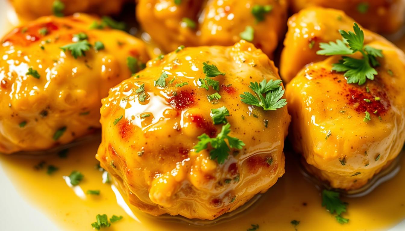 Golden brown cowboy butter chicken bites garnished with fresh parsley on a white plate