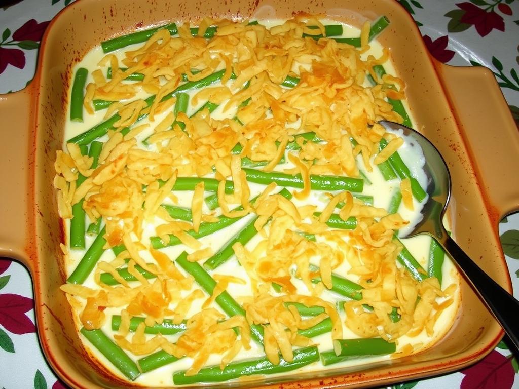 Green bean casserole topped with crispy fried onions Green bean casserole topped with crispy fried onions