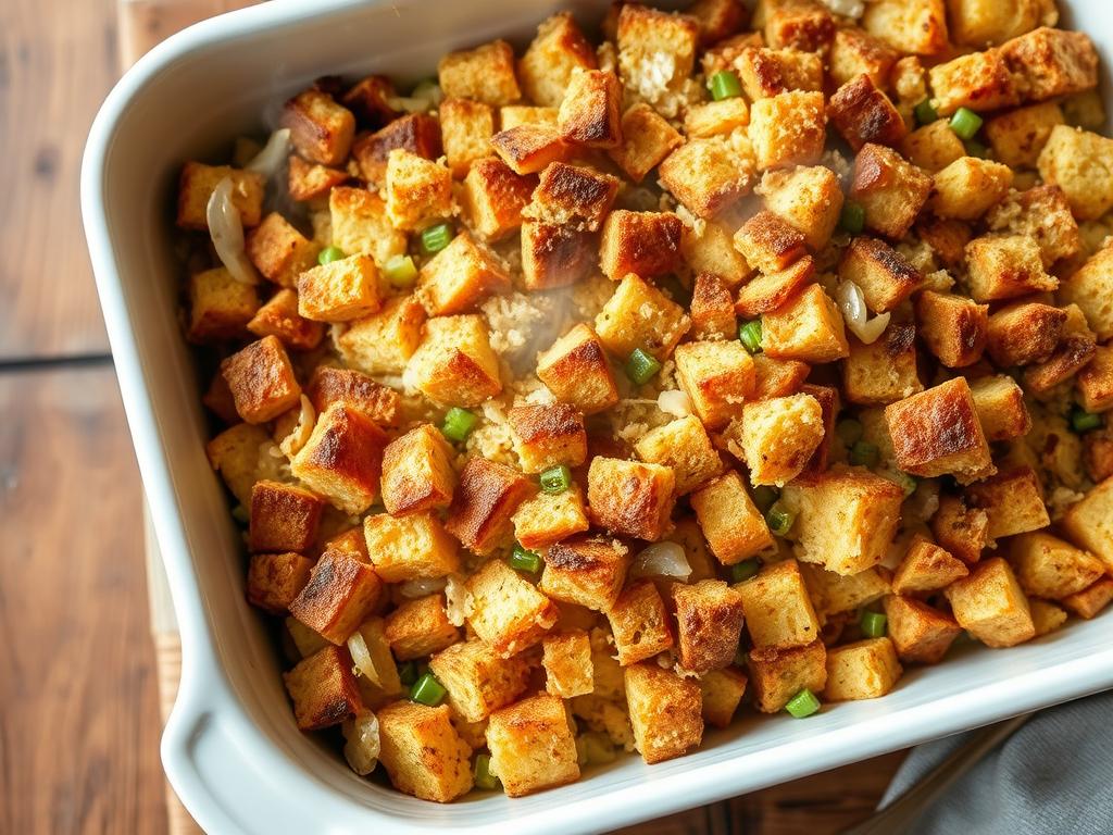 Homemade classic stuffing in a baking dish Homemade classic stuffing in a baking dish