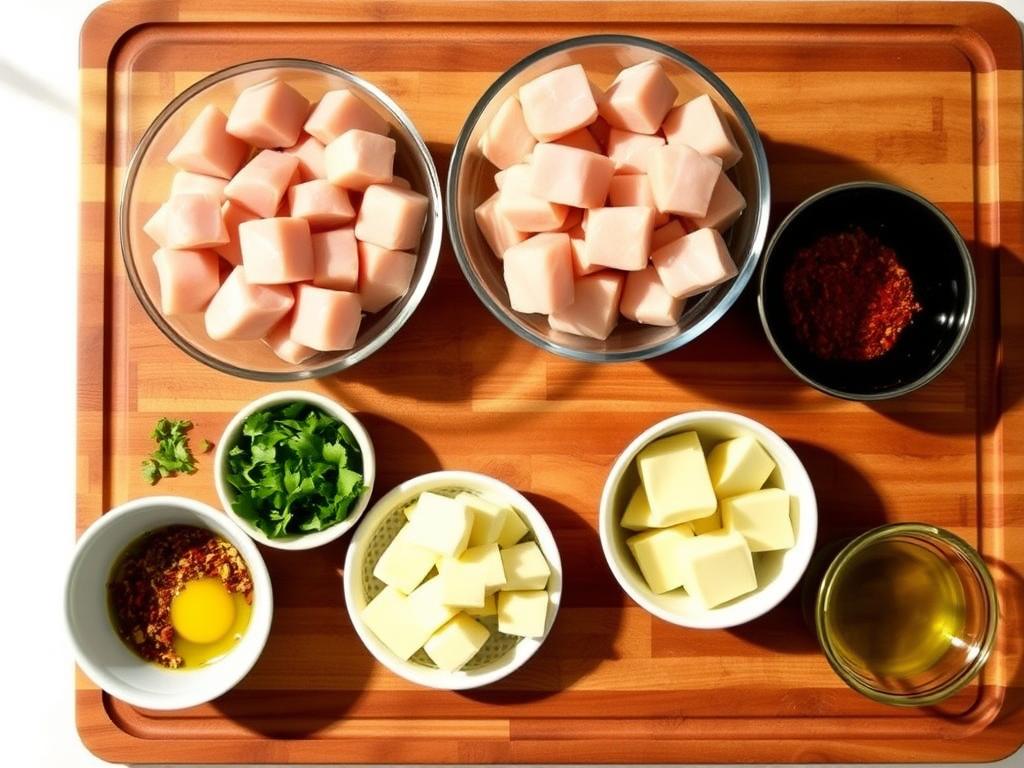 Ingredients for cowboy butter chicken bites arranged on a wooden cutting board