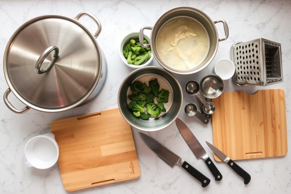 Kitchen equipment needed for making chicken broccoli alfredo