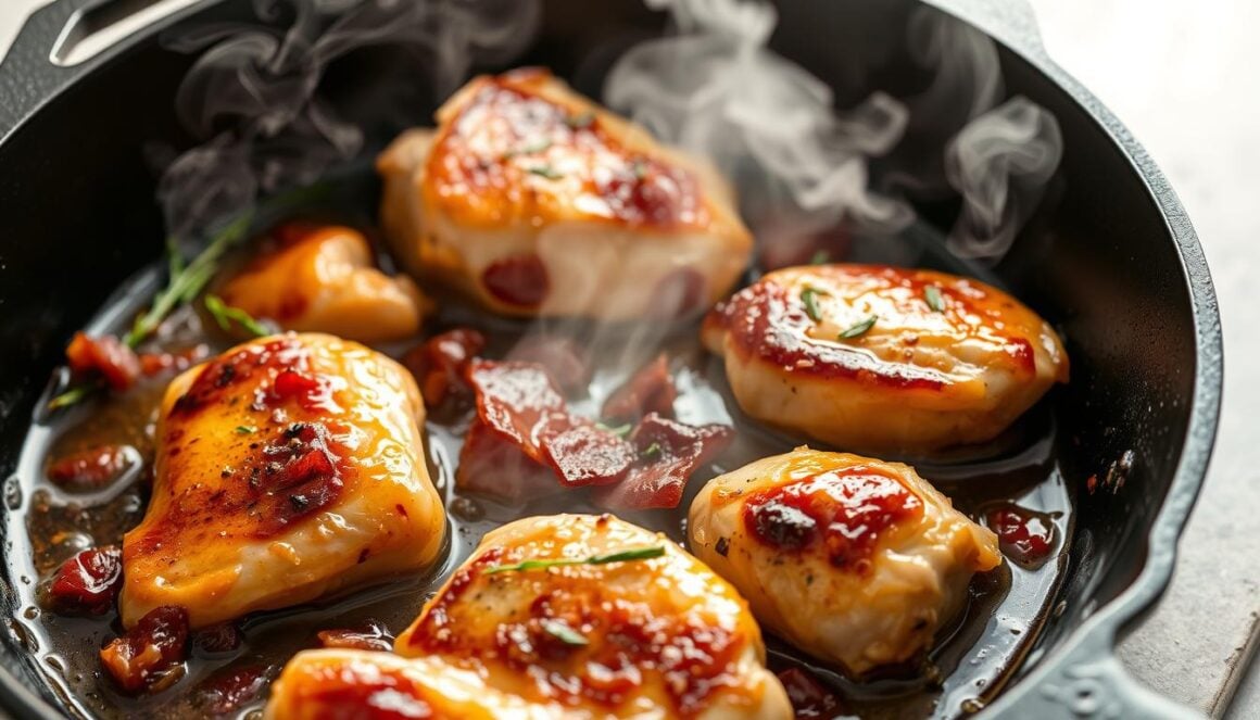 Maple garlic bacon chicken cooking in a skillet with sauce bubbling