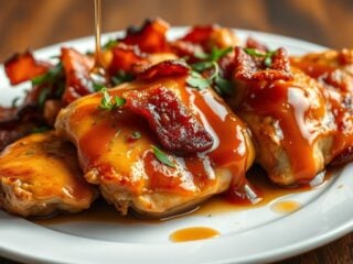 Maple garlic bacon chicken served on a white plate with herbs garnish