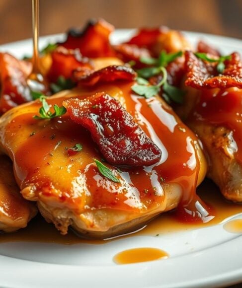 Maple garlic bacon chicken served on a white plate with herbs garnish