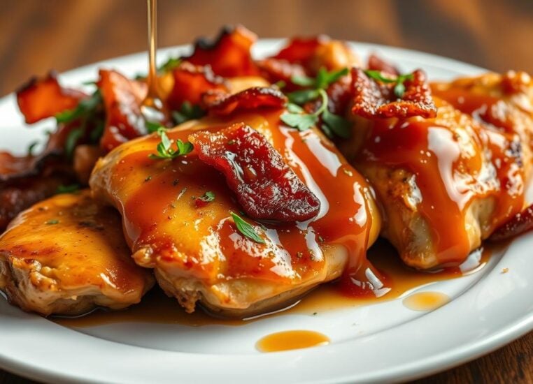 Maple garlic bacon chicken served on a white plate with herbs garnish