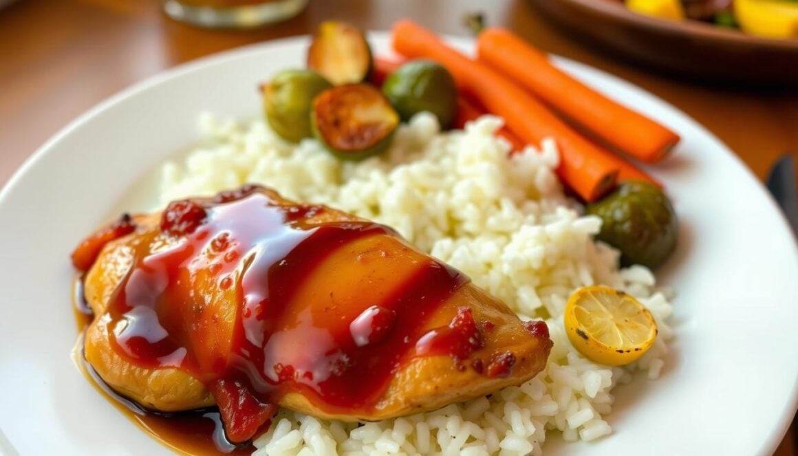 Maple garlic bacon chicken served over rice with roasted vegetables on the side