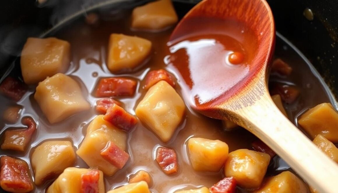 Maple garlic bacon chicken with sauce being stirred in a skillet