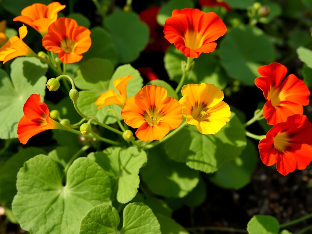Nasturtium flowers in various shades of orange, red and yellow with their distinctive round leaves Nasturtium flowers in various shades of orange, red and yellow with their distinctive round leaves