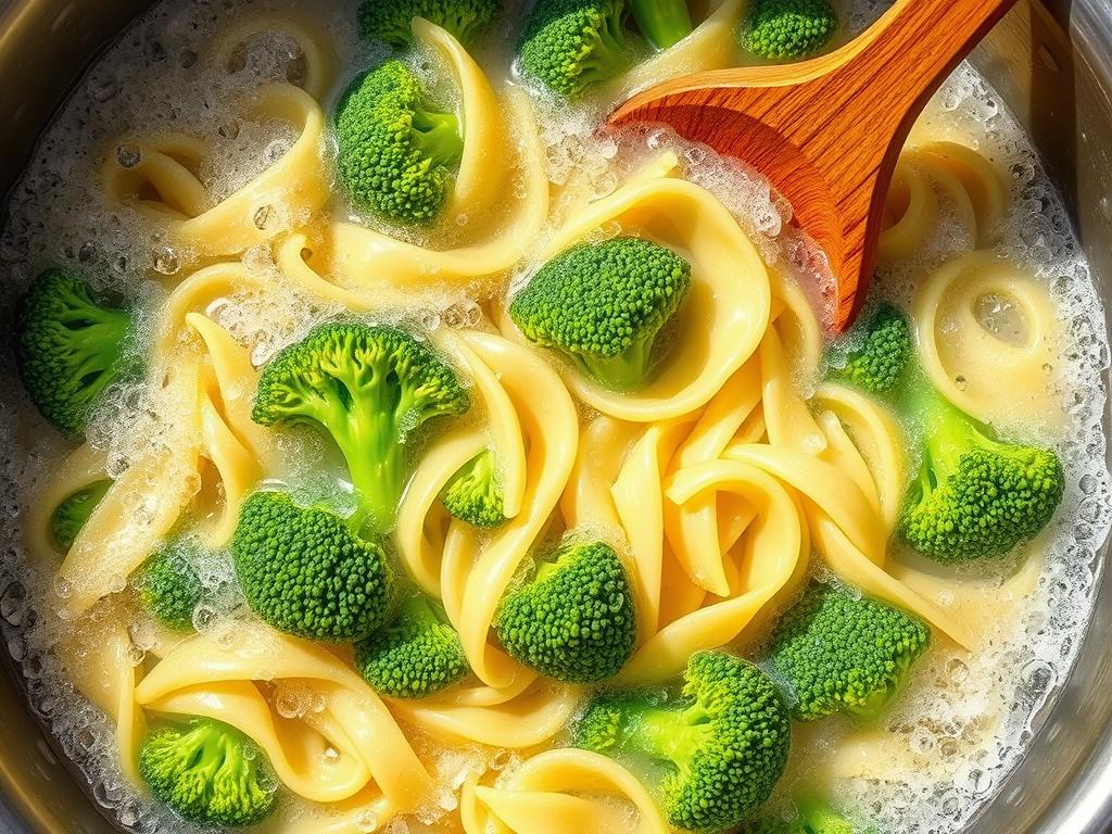 Pasta and broccoli cooking together in boiling water