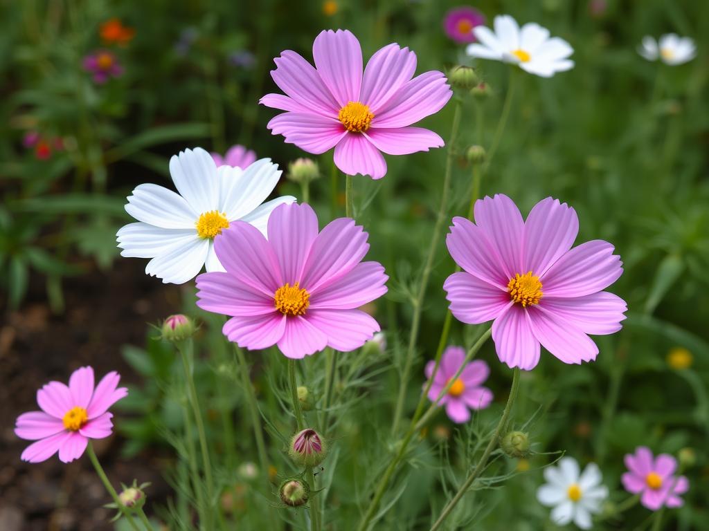 Pink and white cosmos flowers with feathery foliage swaying in a garden Pink and white cosmos flowers with feathery foliage swaying in a garden