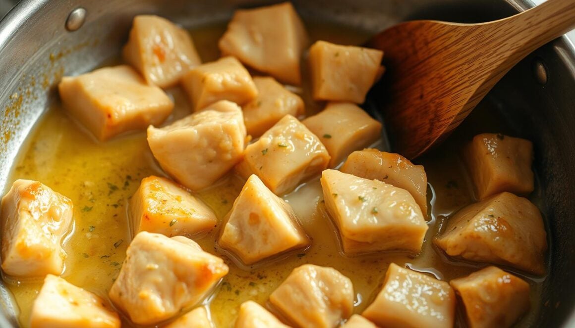 Process of cooking cowboy butter chicken bites in a skillet