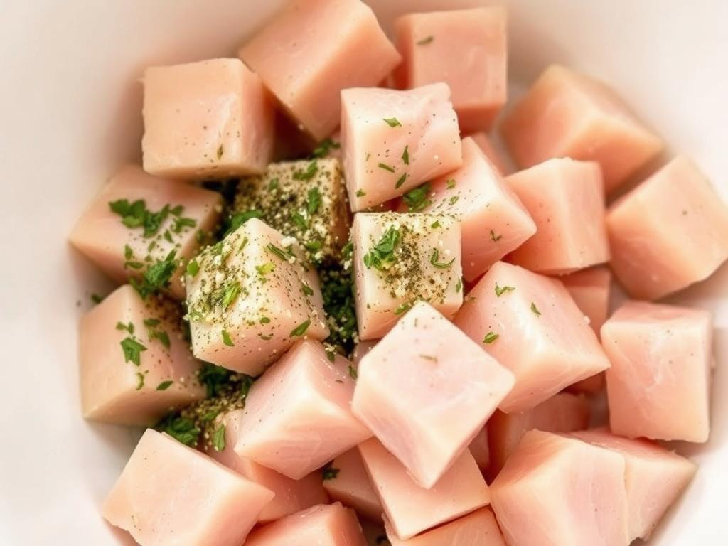 Raw chicken breast cubes seasoned with Italian herbs in a bowl