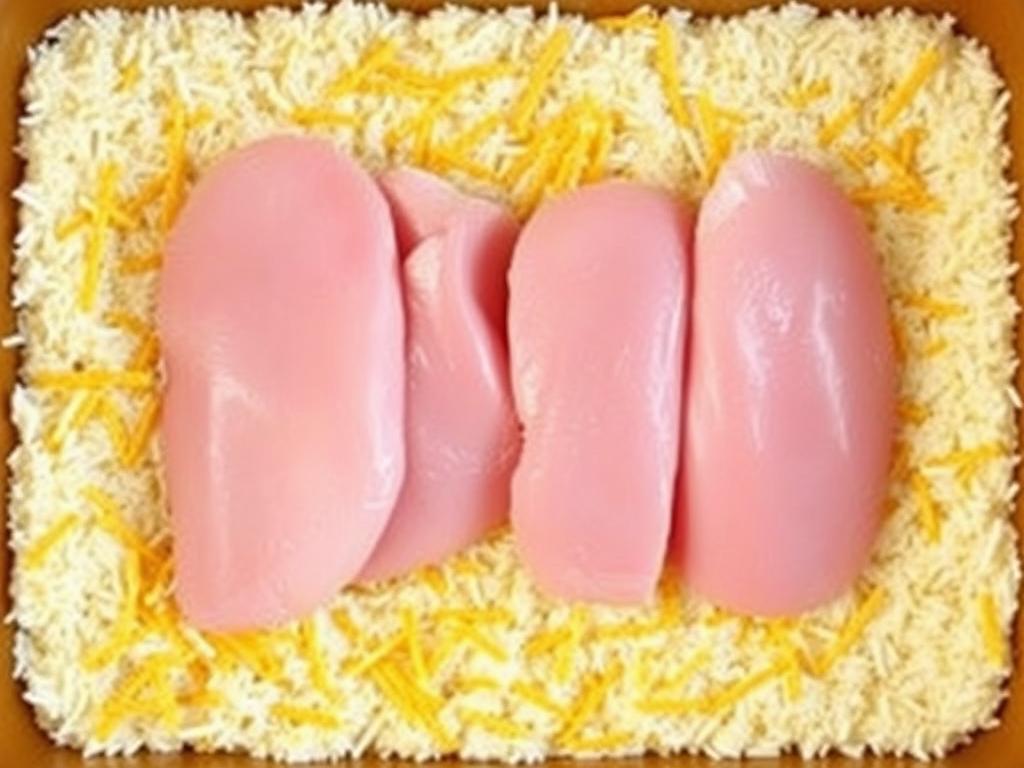 Raw chicken breast pieces arranged on top of the rice layer