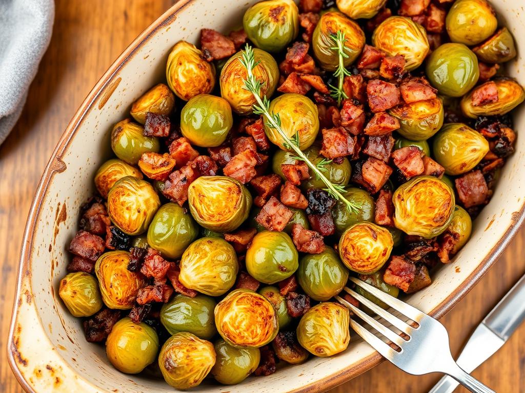 Roasted brussels sprouts with crispy bacon pieces Roasted brussels sprouts with crispy bacon pieces