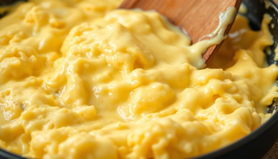 Scrambling eggs with cheese in a skillet