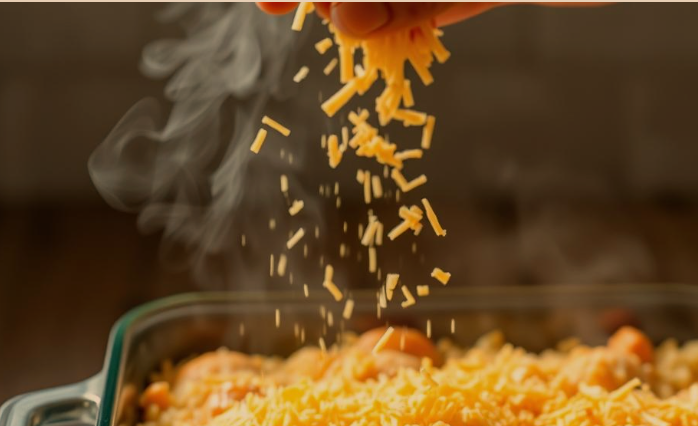 Cheese being sprinkled on top of the baked casserole