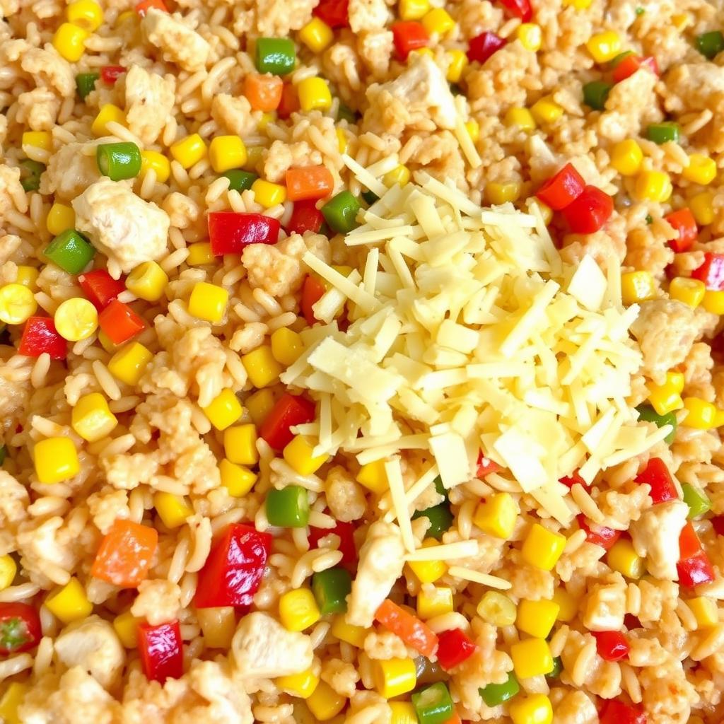 Southwest-style Chicken and Rice Casserole with peppers and corn