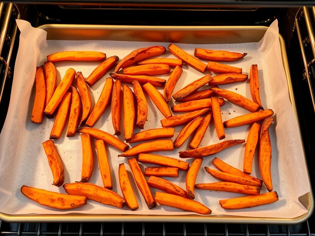 Sweet potato fries baking in the oven on a sheet pan