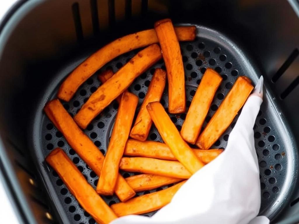 Sweet potato fries cooking in an air fryer basket