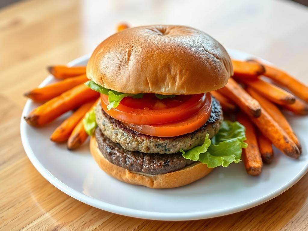 Sweet potato fries served alongside a burger on a plate